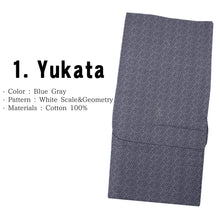 將圖片載入圖庫檢視器 【Archive】Men's Easy Yukata Coordinate Set of 4 Items For Beginners :Blue Gray/White Scale&Geometry