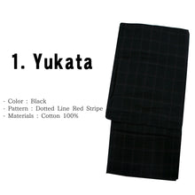 將圖片載入圖庫檢視器 Men's Easy Yukata Coordinate Set of 4 Items For Beginners :Black/ Dotted Line Red Stripe