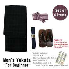 將圖片載入圖庫檢視器 Men's Easy Yukata Coordinate Set of 4 Items For Beginners :Black/ Dotted Line Red Stripe