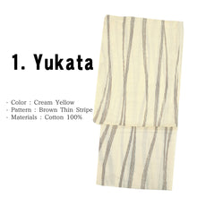 將圖片載入圖庫檢視器 Men's Easy Yukata Coordinate Set of 4 Items For Beginners :Cream Yellow/Brown Thin Stripe