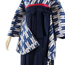 將圖片載入圖庫檢視器 Women's Polyester Washable Two-Shaku-Sleeve Kimono for Hakama, Short Length, Blue, White, Arrow Pattern, Sakura, Free Size: Japanese Traditional Clothes