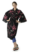 將圖片載入圖庫檢視器 Women's Happi Coat: Kimono Robe - Plum & Bush Warbler Black