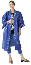 將圖片載入圖庫檢視器 Women's Happi Coat: Kimono Robe - Plum & Bush Warbler Blue