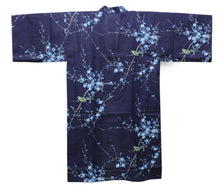 將圖片載入圖庫檢視器 Women's Happi Coat: Kimono Robe - Plum & Bush Warbler Navy