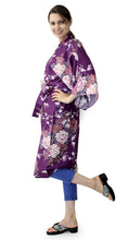 將圖片載入圖庫檢視器 Women's Happi Coat: Kimono Robe - Flying Crane & Peony Purple