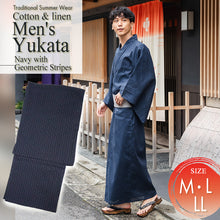 將圖片載入圖庫檢視器 Men&#39;s Yukata Cotton : Navy with Geometric Stripes Yukata
