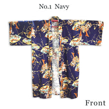 画像をギャラリービューアに読み込む, Men&#39;s Happi Coat: Kimono Robe - Navy Blue , Black base, Samurai helmet , Ushiwakamaru &amp; Benkei, Fans, Castle, Mt. Fuji, Japanese Script
