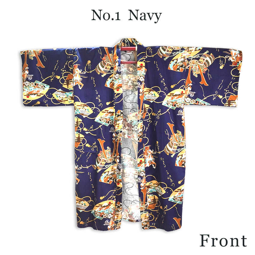 Men's Happi Coat: Kimono Robe - Navy Blue , Black base, Samurai helmet , Ushiwakamaru & Benkei, Fans, Castle, Mt. Fuji, Japanese Script