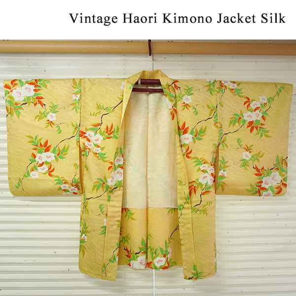 Vintage Haori Kimono Jacket Silk, Golden Yellow base,Cherry Blossoms & Flowing Water