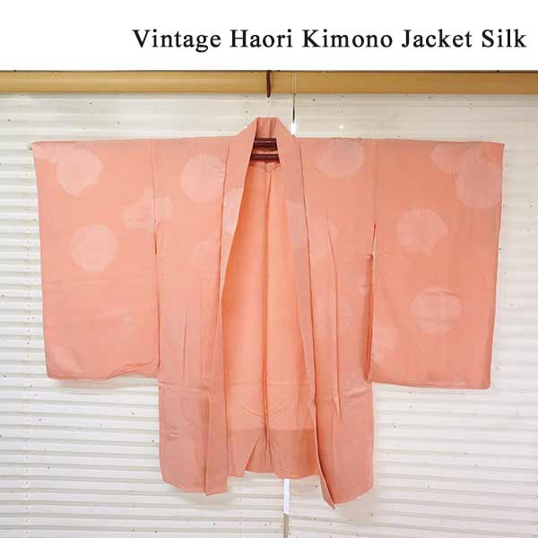 Vintage Haori Kimono Jacket Silk, Pastel Orange  base, Chrysanthemums