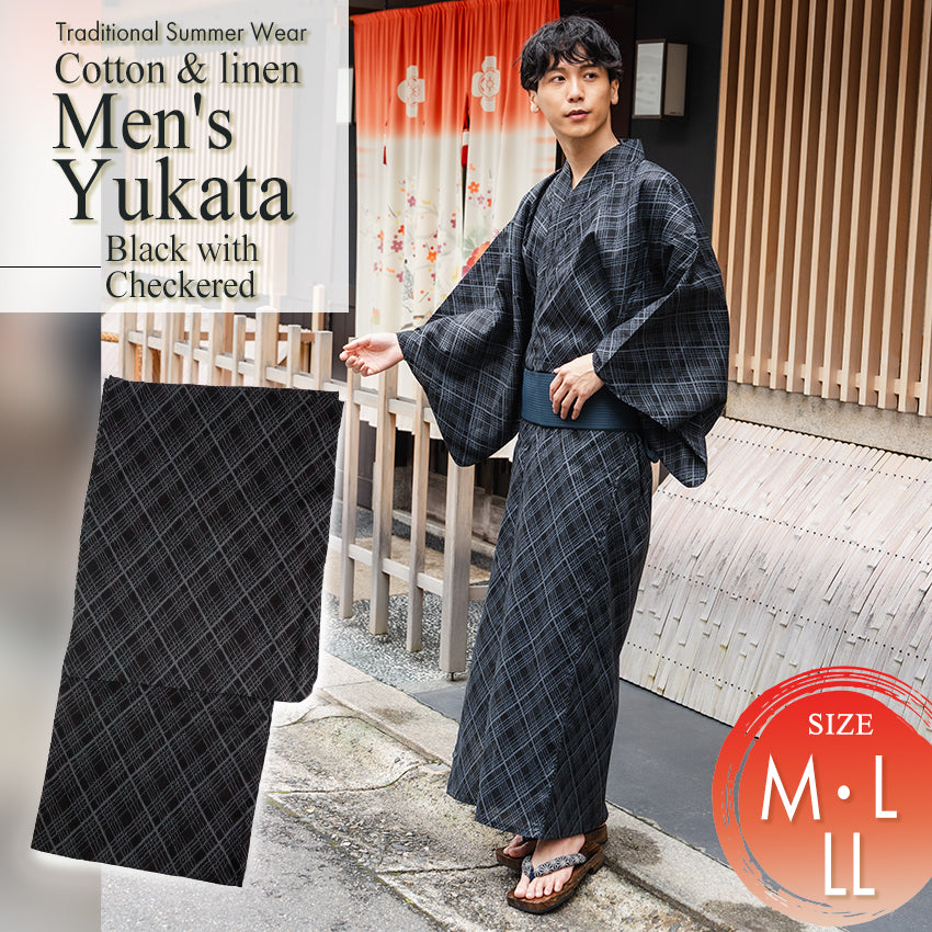 Men's Yukata Cotton : Black with Checkered Pattern Yukata