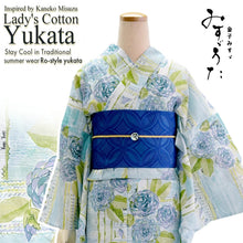 將圖片載入圖庫檢視器 Lightweight Cotton Yukata for Women, grayish blue base, roses Flowers pattern– Inspired by Kaneko Misuzu’s Poetry, Summer Japanese Kimono Robe
