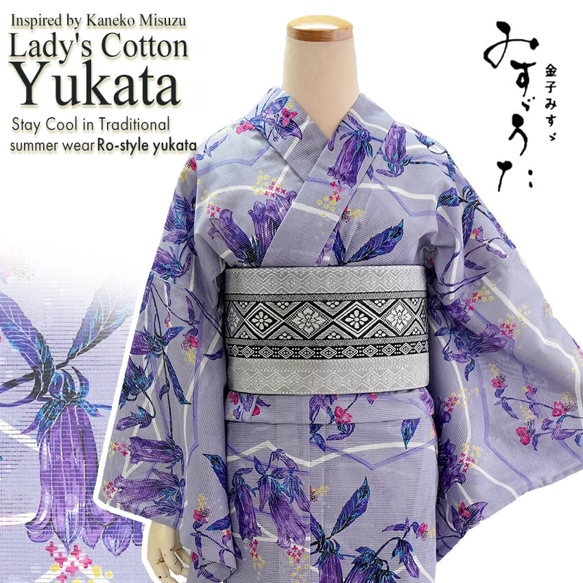 Lightweight Cotton Yukata for Women, Blue-Violet base, Bellflowers pattern– Inspired by Kaneko Misuzu’s Poetry, Summer Japanese Kimono Robe