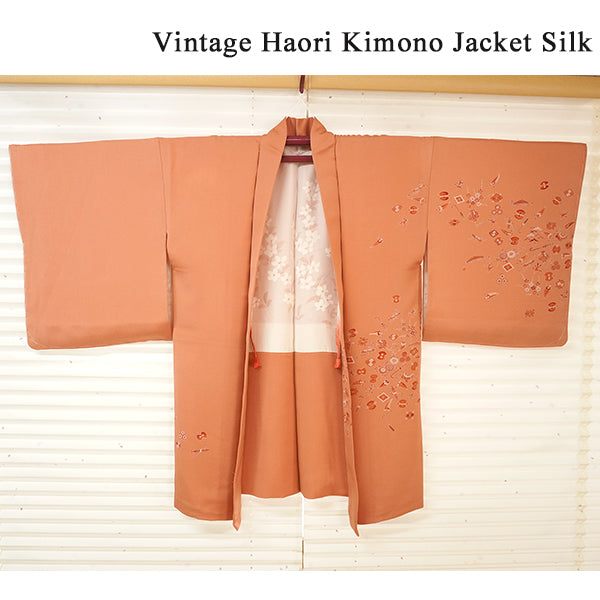 Vintage Haori Kimono Jacket Silk, Dusty Pink base, Lucky Treasure Symbols