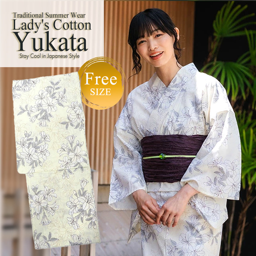 Women's Cotton Yukata, Casual Summer Kimono - cream Base with Lily Pattern