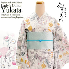 將圖片載入圖庫檢視器 Lightweight Cotton Yukata for Women, red, pink, gray base, vegetables, cats, birds pattern– Inspired by Kaneko Misuzu’s Poetry, Summer Japanese Kimono Robe
