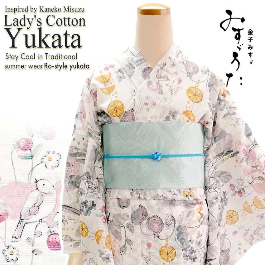 Lightweight Cotton Yukata for Women, red, pink, gray base, vegetables, cats, birds pattern– Inspired by Kaneko Misuzu’s Poetry, Summer Japanese Kimono Robe