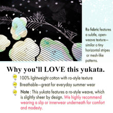將圖片載入圖庫檢視器 Lightweight Cotton Yukata for Women, Black base, Crisp geometric snowflakes, Flower pattern – Inspired by Kaneko Misuzu’s Poetry, Summer Japanese Kimono Robe
