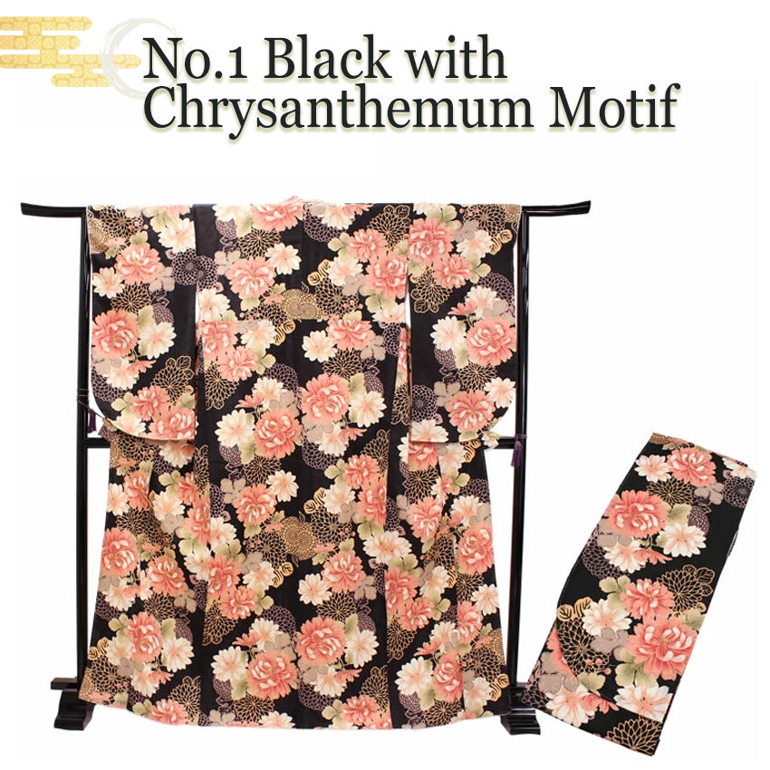 Women’s Nishaku-sode Kimono – Washable Long-Sleeve Japanese Kimono, Chrysanthemum, Camellias floral design, Wisteria Top for Graduation, Formal Events & Kimono Outfit Coordination