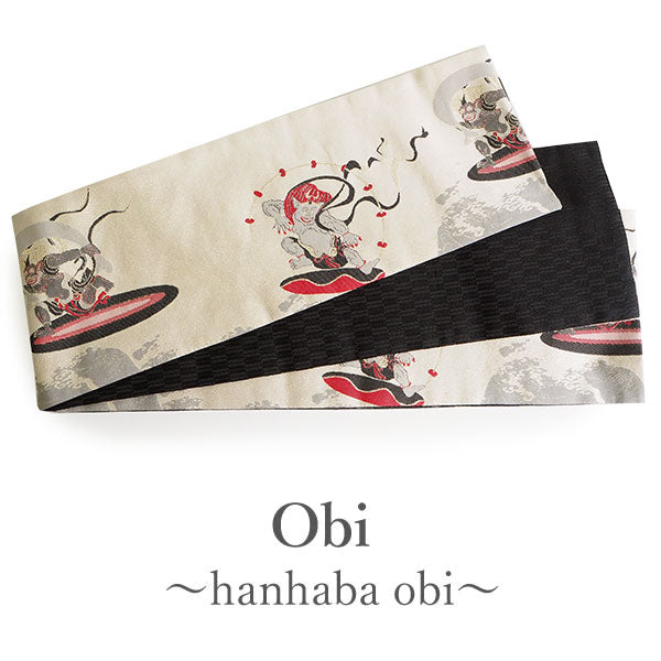Hanhaba-Obi, Reversible, Women, Beige, Black, wind god and thunder god