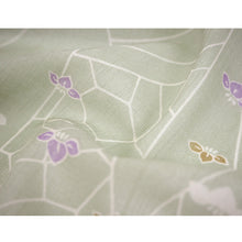 Load image into Gallery viewer, Washable Japanese Kimono Fabric Bolt – Light Matcha Green with Subtle Lines &amp; Small Iris Motifs – 13-Yard Sheer Summer Polyester for Custom Kimono &amp; Sewing
