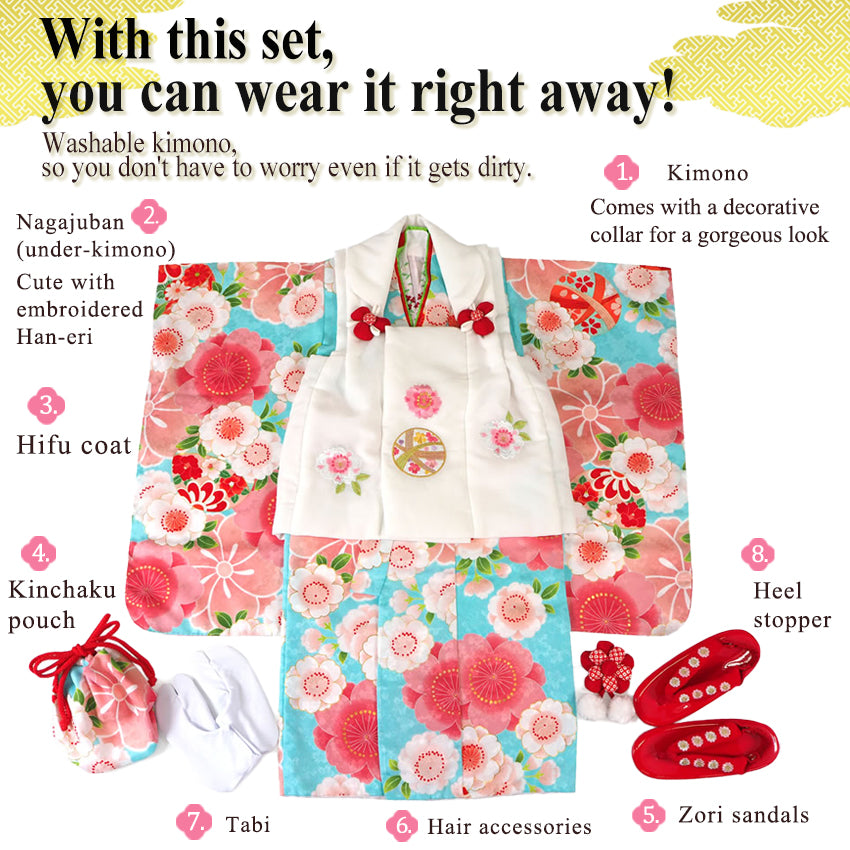 Japanese Traditional KIDS Kimono 8-Piece Hifu Coat Set for Girls