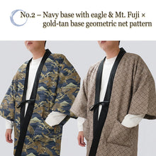 画像をギャラリービューアに読み込む, Reversible Japanese Hanten Jacket for Men – Cozy Kimono-Style Coat with Dual Patterns (Black/Blue/Gold)
