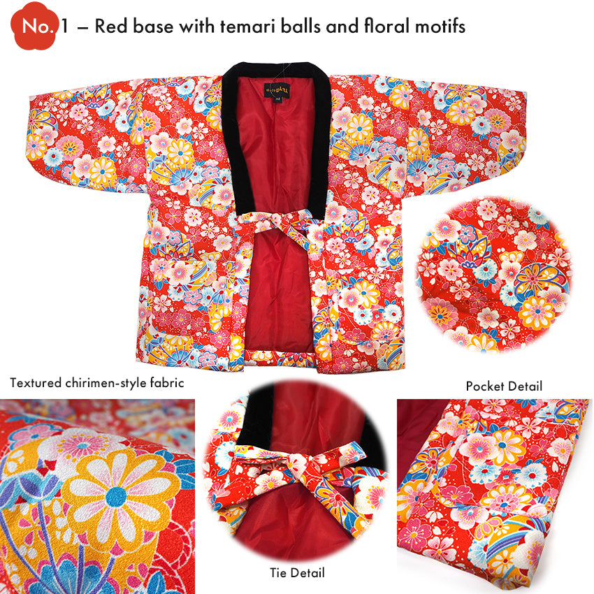 Japanese Quilted Kimono-Style Hanten Jacket for Girls – Cozy Winter Housewear & Outdoor Layer – Red & Pink Traditional Patterns (Size 43.3in (110cm) / 51.1in(130 cm))