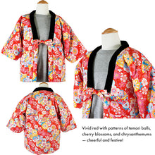 Load image into Gallery viewer, Japanese Quilted Kimono-Style Hanten Jacket for Girls – Cozy Winter Housewear &amp; Outdoor Layer – Red &amp; Pink Traditional Patterns (Size 43.3in (110cm) / 51.1in(130 cm))
