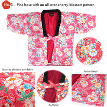 Load image into Gallery viewer, Japanese Quilted Kimono-Style Hanten Jacket for Girls – Cozy Winter Housewear &amp; Outdoor Layer – Red &amp; Pink Traditional Patterns (Size 43.3in (110cm) / 51.1in(130 cm))
