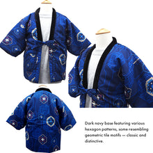Load image into Gallery viewer, Japanese Quilted Kimono‑Style Hanten Jacket for Boys – Cozy Winter Housewear &amp; Outdoor Layer – Black &amp; Blue Traditional Patterns(Size 43.3in (110cm) / 51.1in(130 cm))
