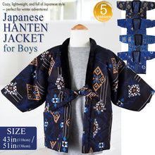 Load image into Gallery viewer, Japanese Quilted Kimono‑Style Hanten Jacket for Boys – Cozy Winter Housewear &amp; Outdoor Layer – Black &amp; Blue Traditional Patterns(Size 43.3in (110cm) / 51.1in(130 cm))
