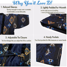 Load image into Gallery viewer, Japanese Quilted Kimono‑Style Hanten Jacket for Boys – Cozy Winter Housewear &amp; Outdoor Layer – Black &amp; Blue Traditional Patterns(Size 43.3in (110cm) / 51.1in(130 cm))
