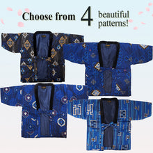 Load image into Gallery viewer, Japanese Quilted Kimono‑Style Hanten Jacket for Boys – Cozy Winter Housewear &amp; Outdoor Layer – Black &amp; Blue Traditional Patterns(Size 43.3in (110cm) / 51.1in(130 cm))

