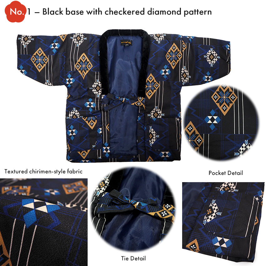 Japanese Quilted Kimono‑Style Hanten Jacket for Boys – Cozy Winter Housewear & Outdoor Layer – Black & Blue Traditional Patterns(Size 43.3in (110cm) / 51.1in(130 cm))