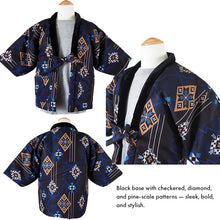 Load image into Gallery viewer, Japanese Quilted Kimono‑Style Hanten Jacket for Boys – Cozy Winter Housewear &amp; Outdoor Layer – Black &amp; Blue Traditional Patterns(Size 43.3in (110cm) / 51.1in(130 cm))
