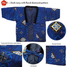 Load image into Gallery viewer, Japanese Quilted Kimono‑Style Hanten Jacket for Boys – Cozy Winter Housewear &amp; Outdoor Layer – Black &amp; Blue Traditional Patterns(Size 43.3in (110cm) / 51.1in(130 cm))

