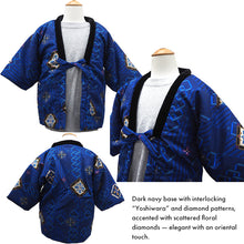 Load image into Gallery viewer, Japanese Quilted Kimono‑Style Hanten Jacket for Boys – Cozy Winter Housewear &amp; Outdoor Layer – Black &amp; Blue Traditional Patterns(Size 43.3in (110cm) / 51.1in(130 cm))
