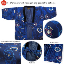 Load image into Gallery viewer, Japanese Quilted Kimono‑Style Hanten Jacket for Boys – Cozy Winter Housewear &amp; Outdoor Layer – Black &amp; Blue Traditional Patterns(Size 43.3in (110cm) / 51.1in(130 cm))
