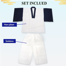 將圖片載入圖庫檢視器 Men&#39;s Kimono Underwear 2 piece SET – Japanese Han-juban (Undershirt) &amp; Steteco Pants, Breathable Cotton, Lightweight Yukata/Kimono Innerwear, Traditional Summer Comfort, Navy, Gray, White base
