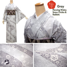 画像をギャラリービューアに読み込む, Women&#39;s Pre-Tailored Washable Hitoe Kimono – Dusty Tones, Unlined Single Layer, plovers, chrysanthemums, waves, and rabbits motifs
