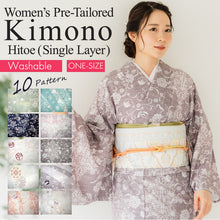 画像をギャラリービューアに読み込む, Women&#39;s Pre-Tailored Washable Hitoe Kimono – Dusty Tones, Unlined Single Layer, plovers, chrysanthemums, waves, and rabbits motifs
