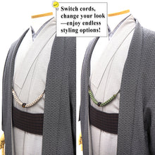 將圖片載入圖庫檢視器 Men’s Silk Haori Himo Cord with Tiger’s Eye Gemstone – Hand-Braided Japanese Jacket Tie for Samurai-Inspired or Formal Kimono Style
