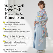 画像をギャラリービューアに読み込む, Japanese Washable Hakama &amp; Kimono Set for Women – 6-Piece Complete Graduation Outfit, Ready-to-Wear Traditional Japanese Clothing, Chrysanthemum, Peonies, Cherry blossoms, Floral pattern
