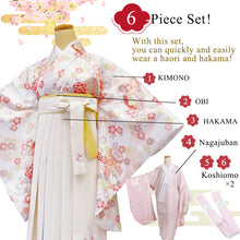 画像をギャラリービューアに読み込む, Japanese Washable Hakama &amp; Kimono Set for Women – 6-Piece Complete Graduation Outfit, Ready-to-Wear Traditional Japanese Clothing, Chrysanthemum, Peonies, Cherry blossoms, Floral pattern
