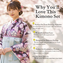 將圖片載入圖庫檢視器 Japanese Nisyakusode Kimono Set for Women – 4-Piece Washable Graduation &amp; Photoshoot Outfit, traditional Japanese Kimono, Chrysanthemum, Peonies, Cherry blossoms, Floral pattern
