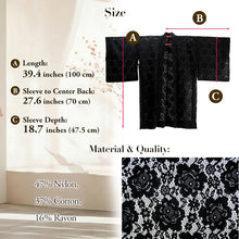 画像をギャラリービューアに読み込む, Haori - Lace Kimono Jacket for Women - Lightweight Sheer Midnight Black with Floral Lace Cardigan, The Ultimate Third Piece Layering Cover Up for Spring &amp; Summer
