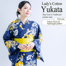 將圖片載入圖庫檢視器 Women’s Cotton Yukata Kimono Robe – Lightweight Summer Japanese Kimono Robe, Navy with Yellow Peony &amp; Hydrangea Floral Print, Traditional Festival Outfit
