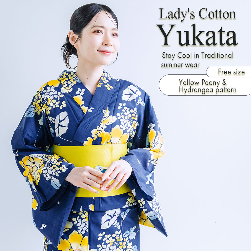Women’s Cotton Yukata Kimono Robe – Lightweight Summer Japanese Kimono Robe, Navy with Yellow Peony & Hydrangea Floral Print, Traditional Festival Outfit