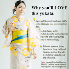 將圖片載入圖庫檢視器 Women’s Cotton Yukata Kimono Robe – Lightweight Summer Japanese Kimono Robe, Ivory with Yellow Peony &amp; Hydrangea Floral Print, Traditional Festival Outfit

